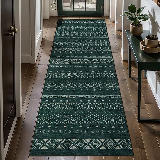SERISSA 2x6 Kitchen Runner Rug, Washable Non-Slip Dark Green Boho Rug, Soft Low-Pile Geometric Indoor Carpet for Hallway Laundry Room Bathroom Bedroom Entryway