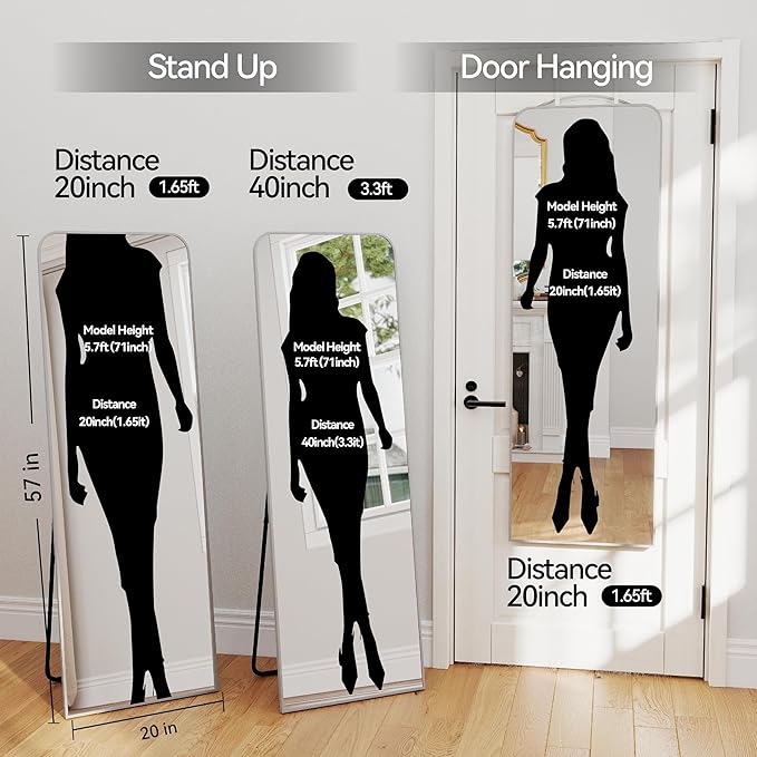 SCWF-GZ 57x20 Door Hanging Full Length Mirror, Floor (Height 5.7ft just Body in 1.3ft) or Wall Mounted Metal Frame Rectangle Dressing Mirrors for Bedroom Bathroom Living Room 57 inch Silver