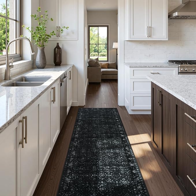 Hedlive Vintage Black Kitchen Runner Rug, 2x6 Washable Runners for Hallways Non Slip, Ultra-Thin Floor Carpet Runners for Hallway 6 ft Entryway Laundry Bedroom Bathroom(2'x6', Black)