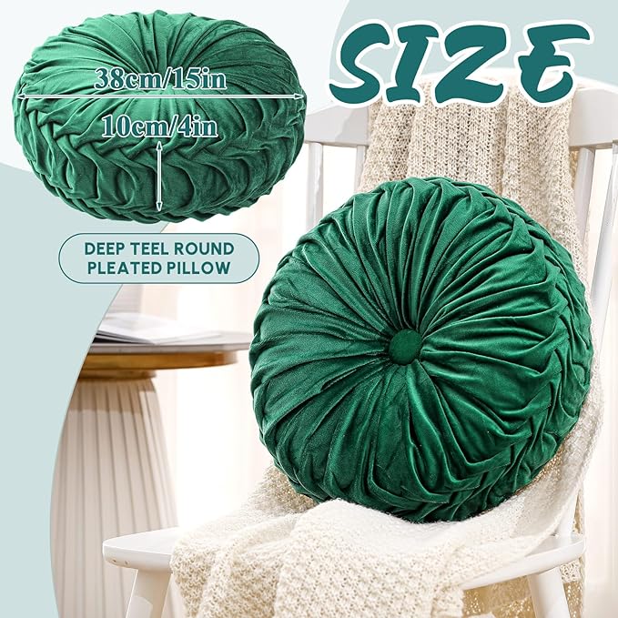 Drydiet 1 Pcs Round Throw Velvet Pillows Decorative Pleated Throw Pillows 15'' Diameter Accent Pumpkin Boho Chair Cushion for Couch Sofa Home Decoration (Deep Teal)