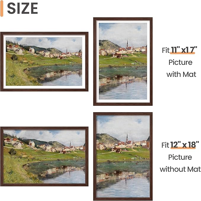 upsimples 12x18 Picture Frame, Display Pictures 11x17 with Mat or 12x18 Without Mat, Wall Hanging Photo Frame, Brown, 1 Pack