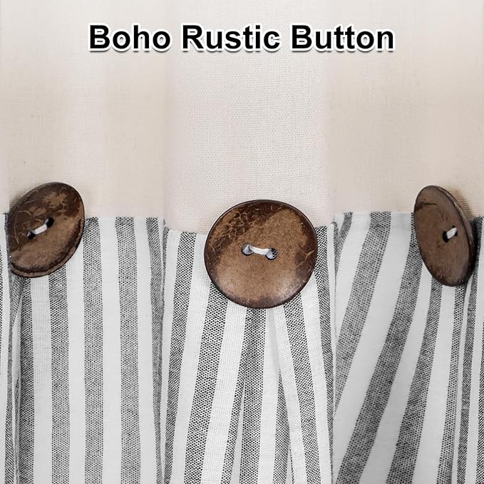 ASPMIZ Cotton Linen Farmhouse Curtains Boho Rustic Button Panel, Linen Window Curtain Panels, Grey Stripe Country Curtain for Living Room, Back Tab Curtains & Drapes for Windows 52 x 63 Inch, 2 Panels