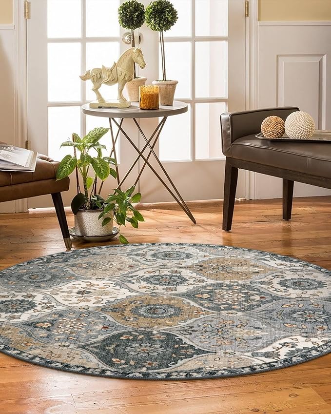 Lahome Moroccan Trellis Round Area Rugs, Washable Small Round Rug 3ft Non-Slip, Soft Vintage Ultra-Thin Circle Carpet for Bedroom Entryway Kitchen Laundry Bathroom Elise, Grey