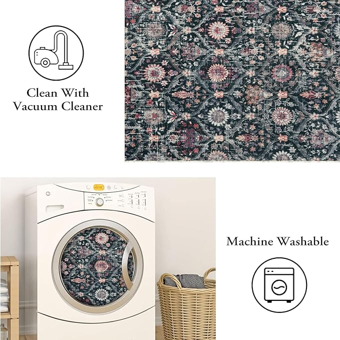 Lahome Moroccan Trellis Washable Round Rugs, Non-Slip Soft Round Rug 4ft Ultra-Thin, Small Vintage Circle Carpet for Entryway Kitchen Bedroom Nursery Bathroom Elise, Black/Multi