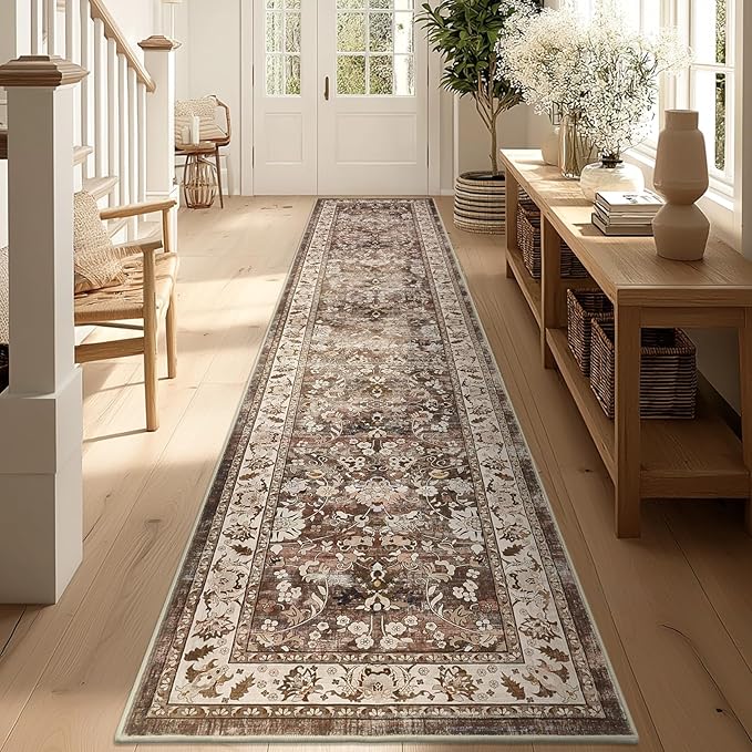 LOKHOM Washable Runner Rug, 2x10 Non-Slip Vintage Farmhouse Hallway Runner Rug with Rubber Backing, Boho Soft Faux Wool Kitchen Rug Carpet for Kitchen Laundry Entryway Bedroom (Dark Brown)