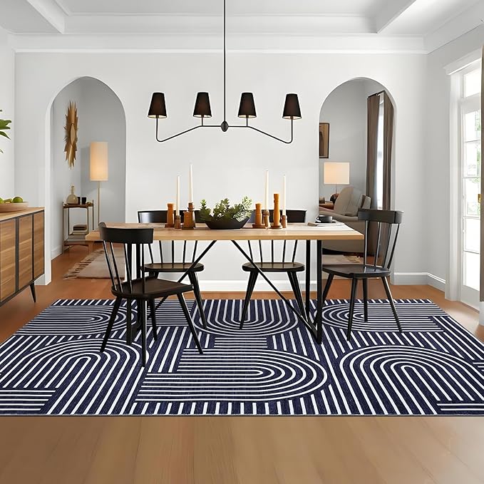 ROYHOME Washable Rug 4x6 Area Rugs for Living Room, Abstract Rug for Bedroom, Soft Rainbow Non Slip Throw Rugs with Rubber Back, Low Pile Stain Resistant Boho Geometric Carpet for Dining Room, Blue