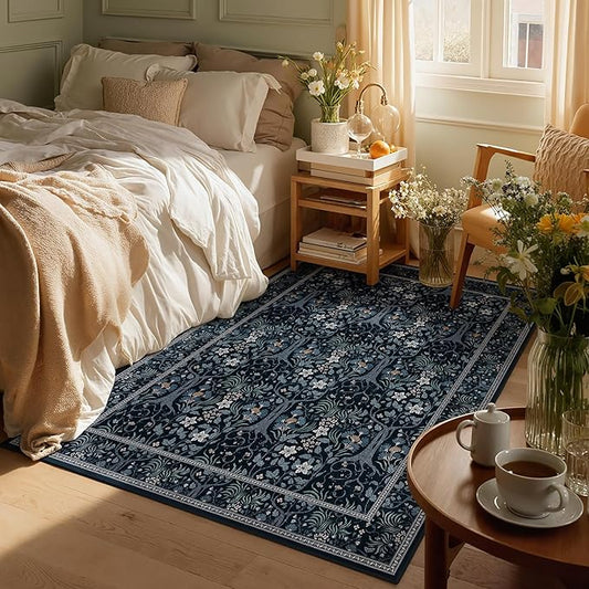 Joydeco Washable Black 4x6 Area Rugs for Living Room Bedroom, Boho Floral Vintage Rug Non Slip Stain Resistant Indoor Floor Dining Room Throw Carpet for Office Entrance Kitchen