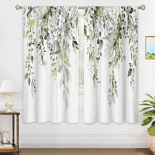 Farmhouse Wooden Sage Green Eucalyptus Leaves Window Curtains Flower Floral Botanical Plant Wildflower Curtain Drapes Herb Curtains for Bedroom Living Room Treatment 2 Panels 29Wx63H Inch