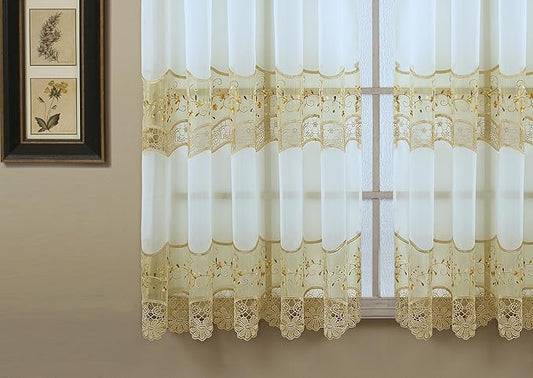 Today's Curtain, Vintage Macramé Organza Panel 63", Ecru/Gold, 58" W x 63" L
