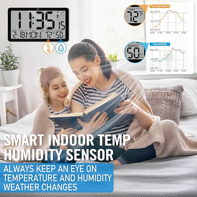 TXL Atomic Digital Wall Clock, Battery Operated with Temperature & Humidity, Auto DST, Date & Weekday, Easy Set Alarm, for Living Room, Bedroom, Office & Classroom (Black)
