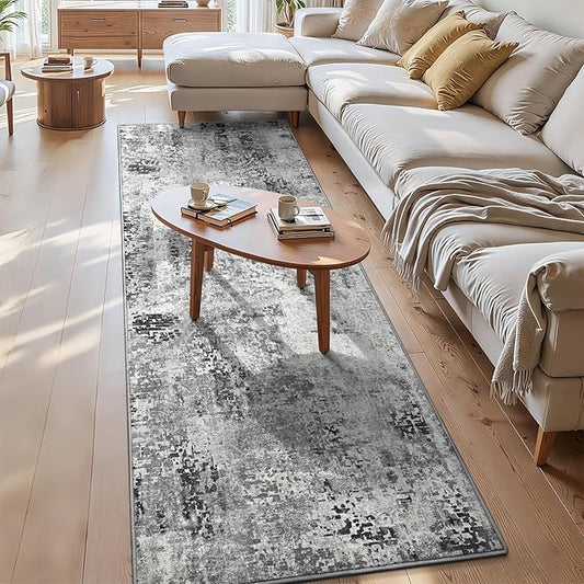 3x8 Grey Rug Runners for Hallways Kitchen Runner Rug Non Slip Washable Black Long Runner Rugs with Rubber Backing Soft Abstract Carpet Runner for Bedroom, Kitchen, Bathroom, Entryway