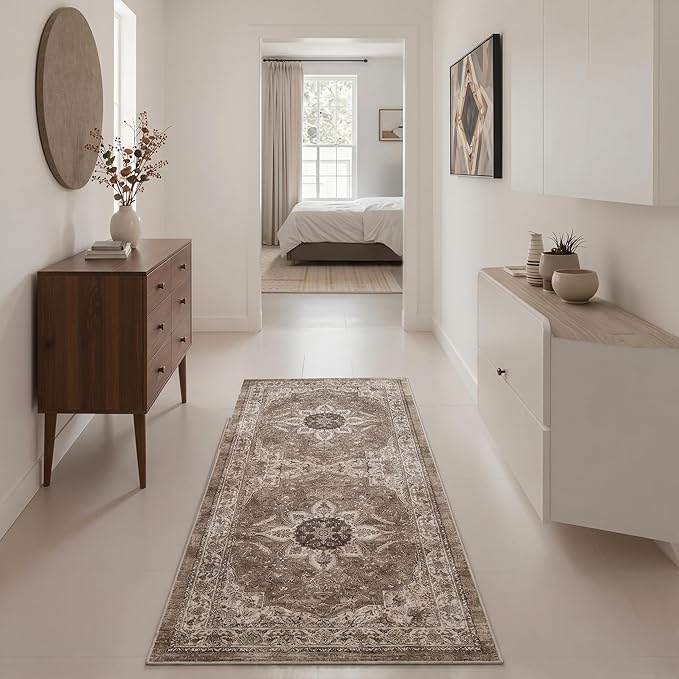 GENIMO Runner Rug for Hallways Machine Washable, 2x5 Non Slip Boho Vintage Lightweight Washable Runners, Thin Floor Rugs for Entryway Hallway Bathroom Laundry Room Corridor, Dark Brown