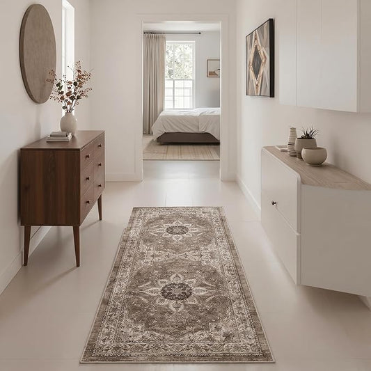 GENIMO Runner Rug for Hallways Machine Washable, 2x5 Non Slip Boho Vintage Lightweight Washable Runners, Thin Floor Rugs for Entryway Hallway Bathroom Laundry Room Corridor, Dark Brown