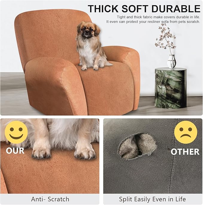 ANARACHON Leather Look Recliner Chair Covers, 4 Pieces Recliner Covers Non Slip, Soft Cover for Reclining Chair, Washable Furniture Protector for Pets (1 Seater, 024 Brown)