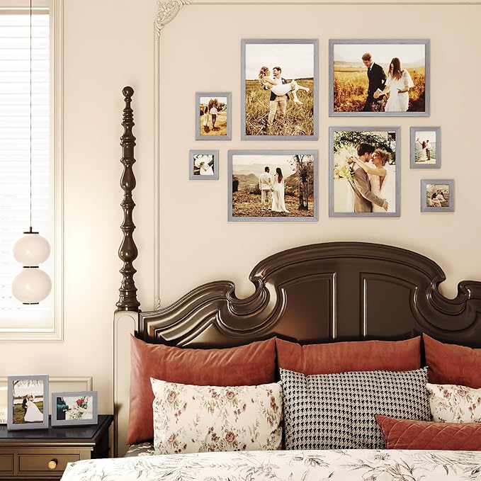 Egofine Picture Frame Set 10 Pack, Collage Wall & Tabletop Decor with Two Sizes - 12x16, 11x14, 5x7, 4x6, 4x4; Solid Wood, Plexiglass Cover, Oak Grey