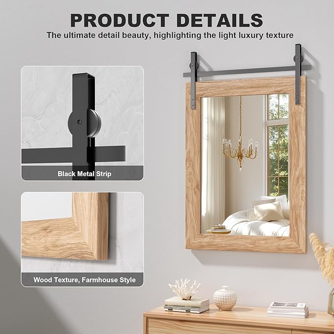Hasipu Farmhouse Bathroom Mirror, 60"x30" Rustic Wood Framed Wall Mounted Mirror, Brown Vintage Vanity Mirror Barn Door Style Decrative Mirrors