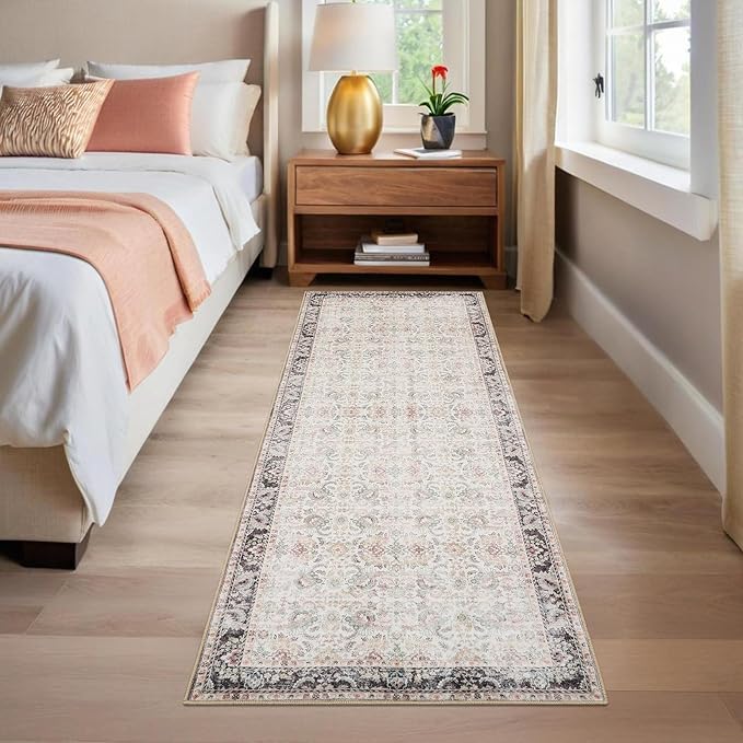 GarveeHome Runner Rug 2x6 Washable Vintage Floral Bathroom Rugs, Non Slip Low Pile Oriental Accent Carpet, Foldable Retro Runners for Hallways, Entryway, Laundry, Kitchen, Beige