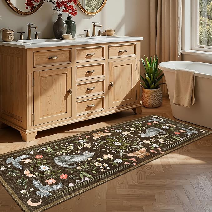 GarveeHome 2x6 Cat Washable Runner Rug for Kitchen, Soft Brown Hallway Runner Non Slip Mushroom Moths Entryway Rug Floral Laundry Mat Stain Resistant Carpet for Bedroom Bathroom Beside Rug
