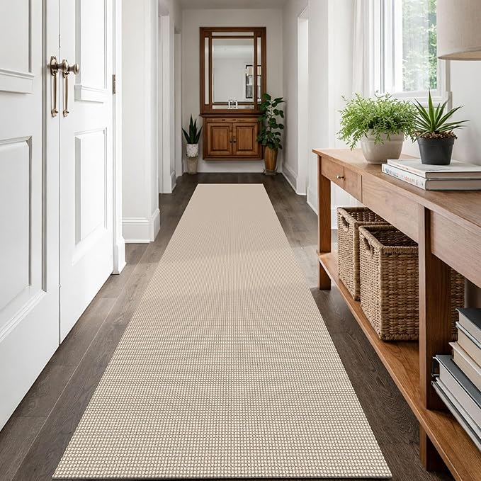IOHOUZE Washable Runner Rug 2.6x12 Non Slip Rubber Backed Extra Long Hallway Runner Entryway Runner Indoor, Kitchen Rugs Woven Cotton Floor Carpet for Hall Entrance, Beige/Khaki
