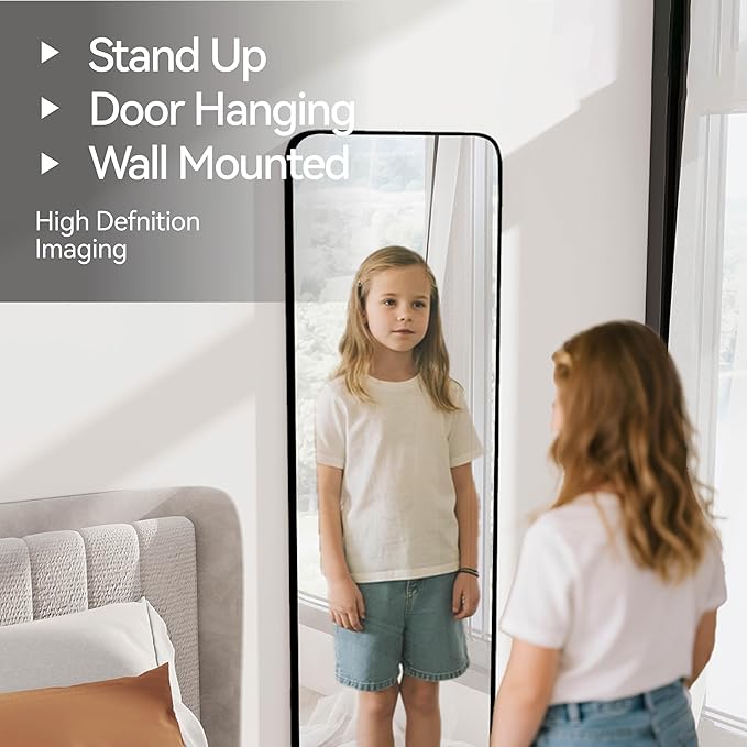SCWF-GZ 57x20 Door Hanging Full Length Mirror, Floor (Height 5.7ft just Body in 1.3ft) or Wall Mounted Metal Frame Rectangle Dressing Mirrors for Bedroom Bathroom Living Room 57 inch Black
