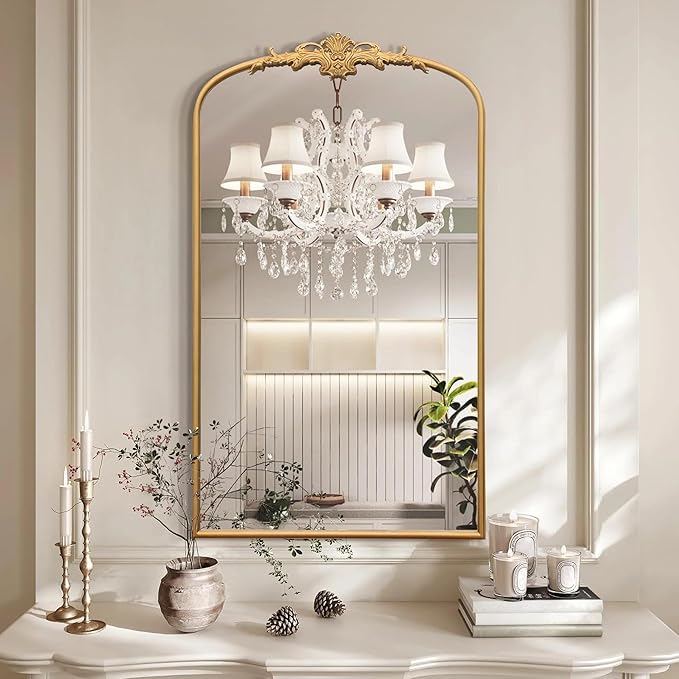 Besdomus Large Vintage Arched Mirror: 24"x42" French Arch Gleaming Gold Antique Wall Mounted Mirror - Traditional Ornate Metal Framed for Entryway/Fireplace/Bathroom - Idea for Trendy Fashionistas