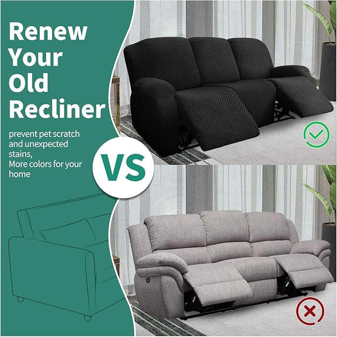 YEMYHOM 8 Pieces Stretch Recliner Sofa Cover Latest Jacquard Reclining Couch Cover with Side Pocket Anti-Slip Fitted 3 Cushion Furniture Slipcovers with Elastic Bottom (Sofa Recliner, Black), Large