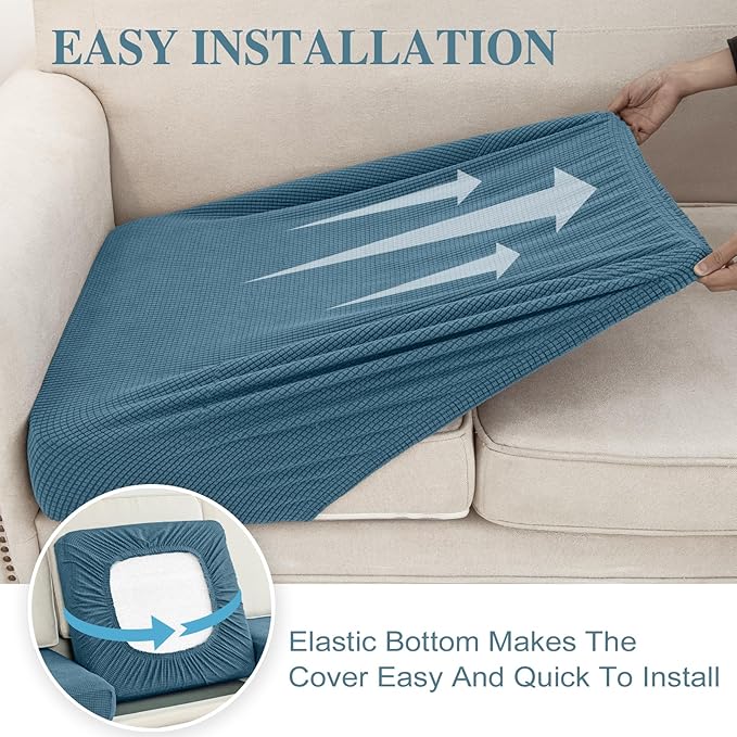 LA MEACK Couch Cushion Covers for Sectional Sofa L Shape Washable Separate Seat Chaise Couch Cover Stretch Sofa Slipcovers with 2 Pcs Pillowcases(2 Seater + 1 Chaise, Blue)