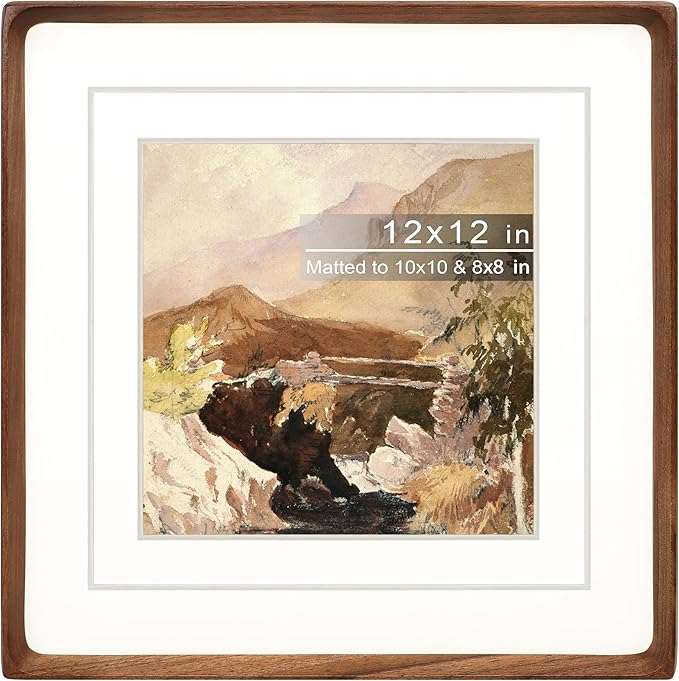 Square 12x12 Picture Frame with Mat for 8x8/10x10, Natural Walnut Wood Handcrafted Rounded Corner with Real Glass, Vertical or Horizontal Display Photo Gallery Wall Mounting Frame