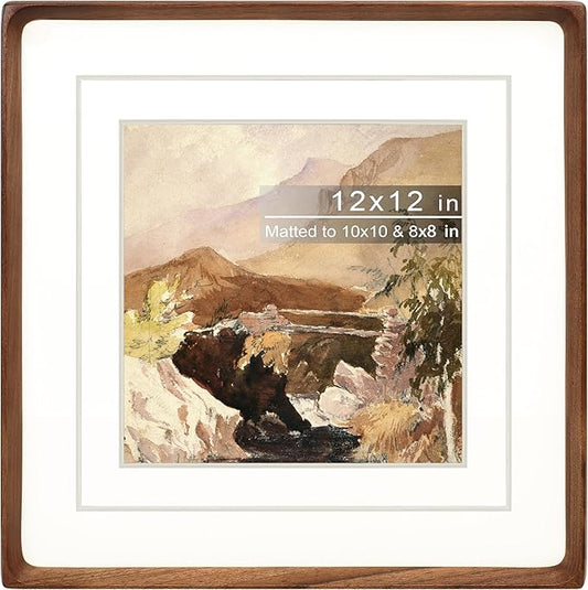 Square 12x12 Picture Frame with Mat for 8x8/10x10, Natural Walnut Wood Handcrafted Rounded Corner with Real Glass, Vertical or Horizontal Display Photo Gallery Wall Mounting Frame