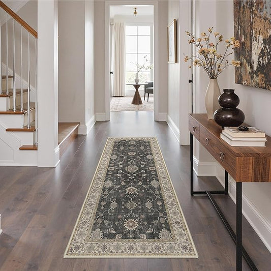 GENIMO Runner Rug for Hallways Machine Washable, 3x7 Non Slip Boho Vintage Lightweight Washable Runners, Thin Floor Rugs for Entryway Hallway Bathroom Laundry Room Corridor, Charcoal Brown