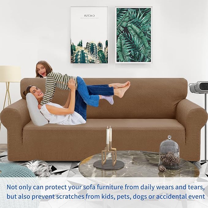 ZNSAYOTX 1 Piece Jacquard Couch Covers for 3 Cushion Couch High Stretch Sofa Cover for Pets Dogs Anti Slip Extra Large Sofa Slipcovers Furniture Protector (X-Large,New Pattern Light Coffee)