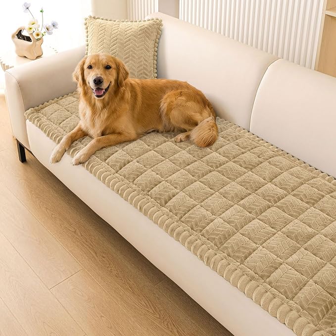 Smiry Non Slip Couch Covers for Dogs, Fuzzy Pet Couch Covers for 3 Cushion Sofa Pet Friendly, Soft Sofa Slipcovers Cushion Furniture Protector Washable (Khaki, 27.6" x 88")