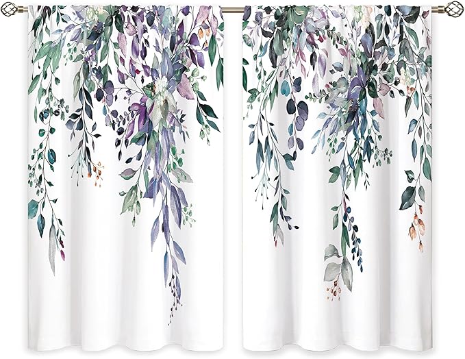 Eucalyptus Botanical Leaves Blue Purple Floral Kitchen Window Curtains over Sink Farmhouse Flower Leaf Small Window Treatment Cafe Short Curtains for Bathroom Treatment Tier Drape 27.5x39 inch
