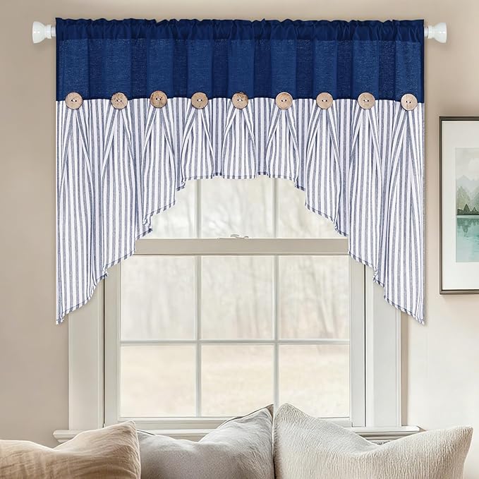 ASPMIZ Farmhouse Cotton Linen Swag Valances for Windows, Boho Rustic Kitchen Curtains Valances with Buttons, Blue Striped Window Treatments Curtain Valance for Bathroom Cafe, 61 x 36 Inch, 1 Panel