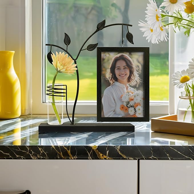 Sapowerntus 5x7 Picture Frames Black Family Desk Office Modern Photo Frame, Water Plants Flowers Floating Double Glass Vase Tabletop Standing Home Decor, Wedding Grandma Mother Mom Gift