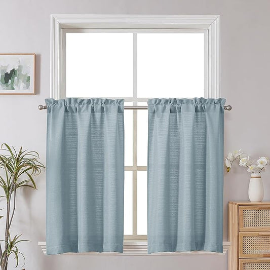 Chyhomenyc Bennet Kitchen Curtains 36 Inch Length, Faux Linen Textured Small Cafe Curtains, Light Filtering Short Window Curtain for Bathroom Basement, 30x36 inch, 2 PCS,Aqua with Greenish Tone