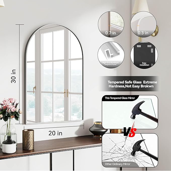SCWF-GZ 30x20 Arch Mirror Rectangle Wall Mounted Hanging or Against Wall Aluminum Alloy Metal Frame Dressing Make-up Mirrors for Entryway Bedroom Bathroom Living Room 30 20 inch Silver