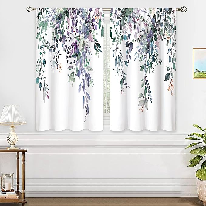 Eucalyptus Botanical Leaves Blue Purple Floral Kitchen Window Curtains over Sink Farmhouse Flower Leaf Small Window Treatment Cafe Short Curtains for Bathroom Treatment Tier Drape 27.5x39 inch