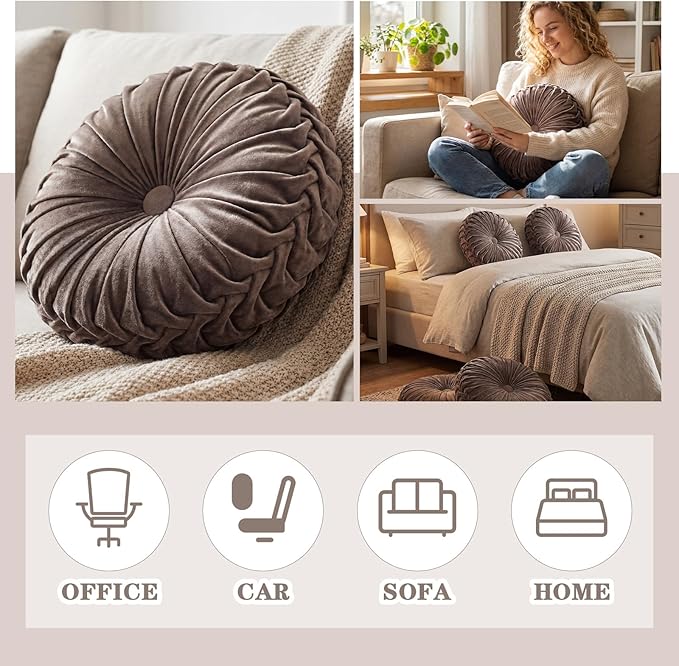 Drydiet 1 Pcs Round Throw Velvet Pillows Decorative Pleated Throw Pillows 15'' Diameter Accent Pumpkin Boho Chair Cushion for Couch Sofa Home Decoration (Taupe)