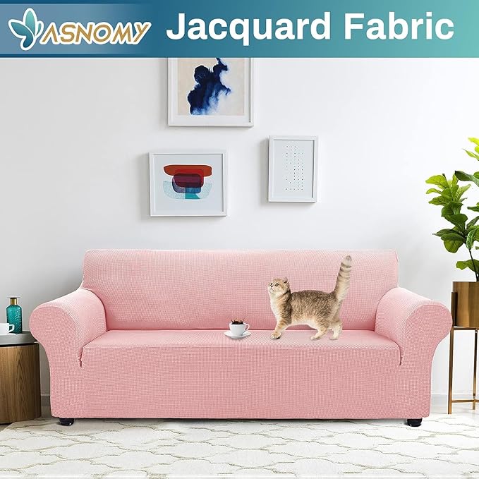 Asnomy Couch Covers for 3 Cushion Couch Stretch Sofa Covers Slipcover, Pet Protector Furniture Covers for Dogs Cats Spandex Jacquard Fabric Small Checks（Pink, X-Large）
