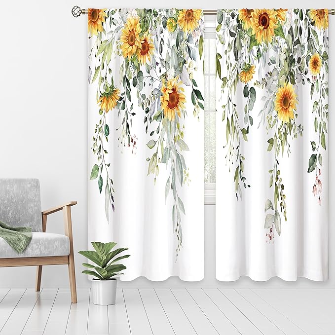 Sunflwer Eucalyptus Leaves Window Curtains Flower Watercolor Floral BotanicalPlant Wildflower Farmhouse Curtain Drapes Herb Curtains for Bedroom Living Room Treatment 2 Panels 52Wx84H Inch