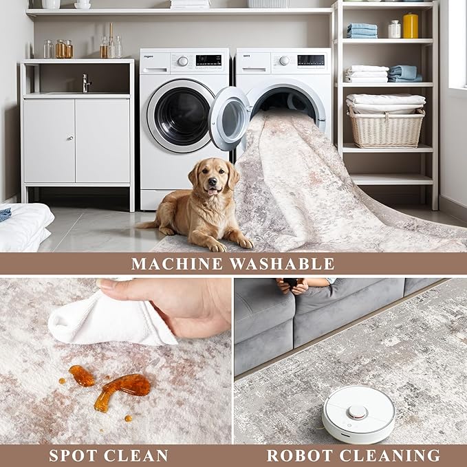 2x3 Washable Non-Slip Area Rug - Soft Low Pile Throw Rug for Kitchen Entryway Bedroom - Modern Indoor Door Mat with Rubber Backing (Beige Grey)
