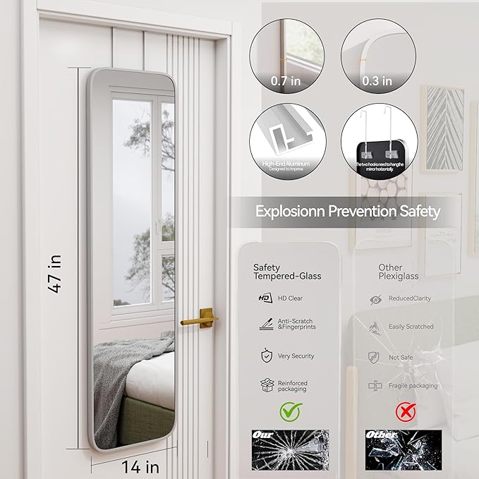 SCWF-GZ 47x14 Mirror Full Body Length Door Hanging/Rope Hang/Wall Mounted Metal Frame Rectangle Mirrors for Bedroom Bathroom Dressing Living Room 47 inch Silver