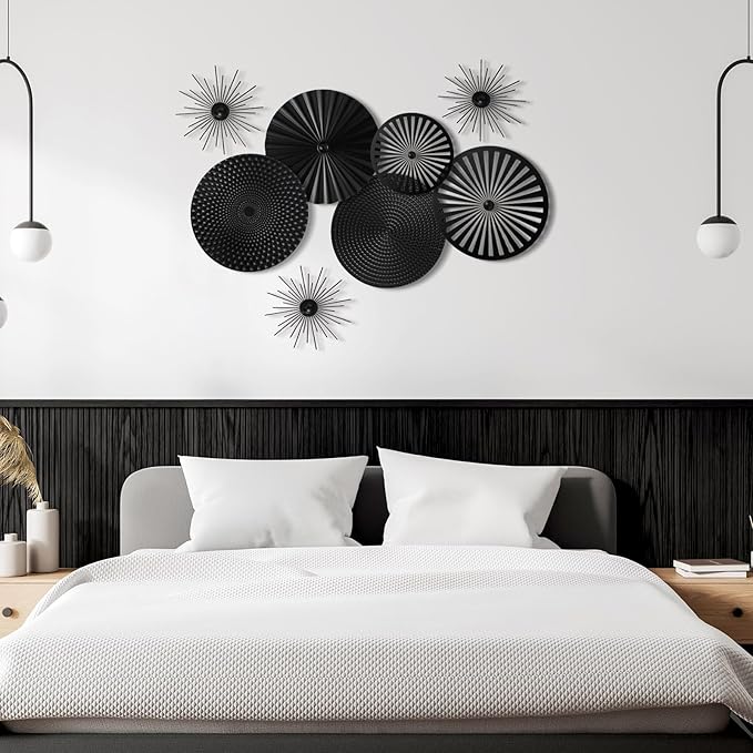 Lingvee 8 Pcs Gold Wall Decor Modern Metal Decor Metal Starbursts Radial Plate Art Hanging Decorative Wall Decorations for Home Bedroom Bathroom Living Room Office Sculpture (Black)