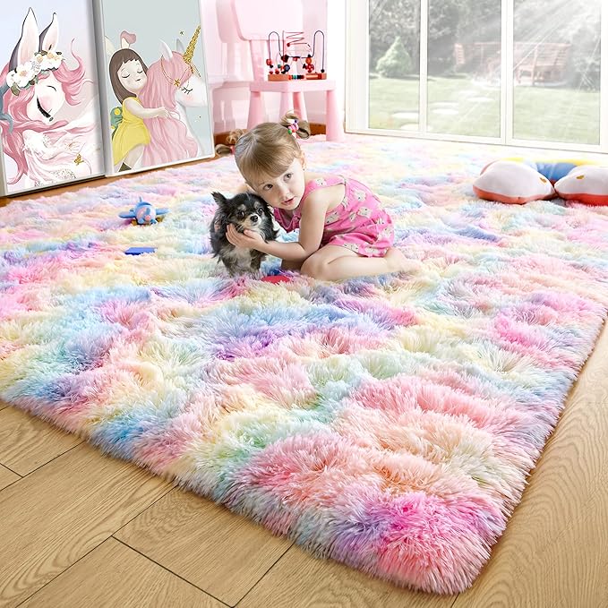 Noahas 4x6 Fluffy Rainbow Rugs for Bedroom Girls,Shag Pink Kids Room Rug,Shaggy Area Rugs for Living Room,Soft Fuzzy Colorful Playroom Nursery Dorm Carpets Room Decor
