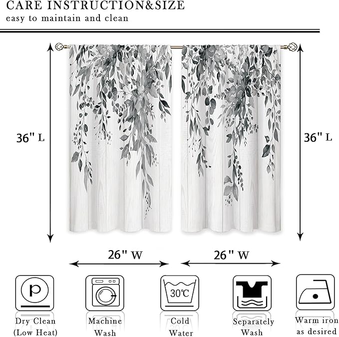 Farmhouse Grey Eucalyptus Small Kitchen Curtains Leaves Window Treatment Black White Wooden Cafe Short Curtains for Bathroom Dining Laundry Room Botanical Tier Treatment Drapes 26x36 inch