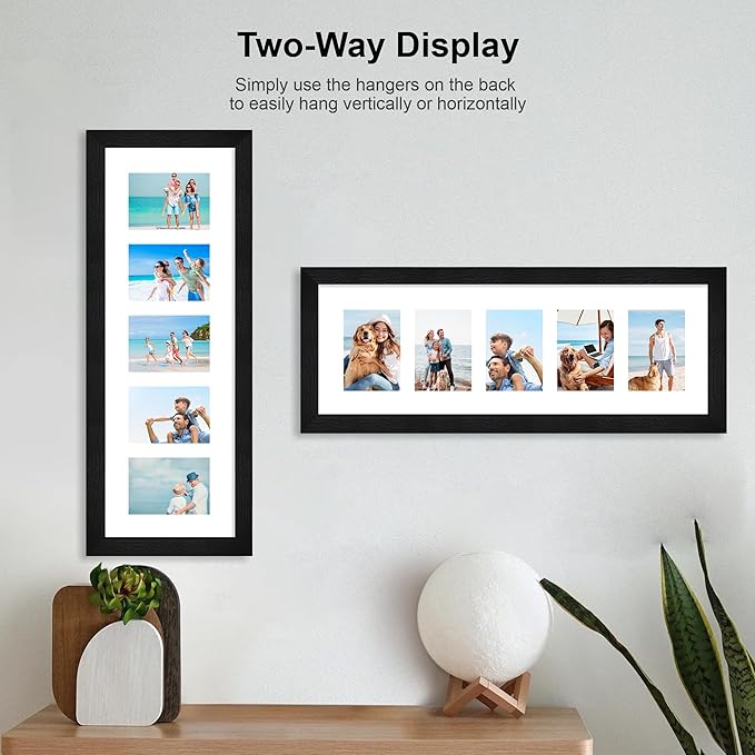 8x24 Picture Frame 2 Pack, Rustic Black Wood Frame with Tempered Glass, Display Pictures Multiple Five 4x6 With Mat or 8 x 24 Without Mat - Horizontal or Vertical Wall Mounting