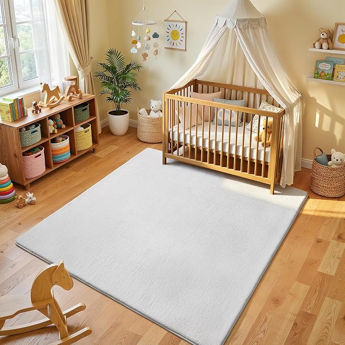 Amearea 4x4 Square Area Rugs for Bedroom Living Room, Modern White Thickened Memory Foam Rug, Fluffy Indoor Washable Rug Non Slip Minimalist Carpet for Entryway Kids Boys Girls Dorm Nursery Room Decor
