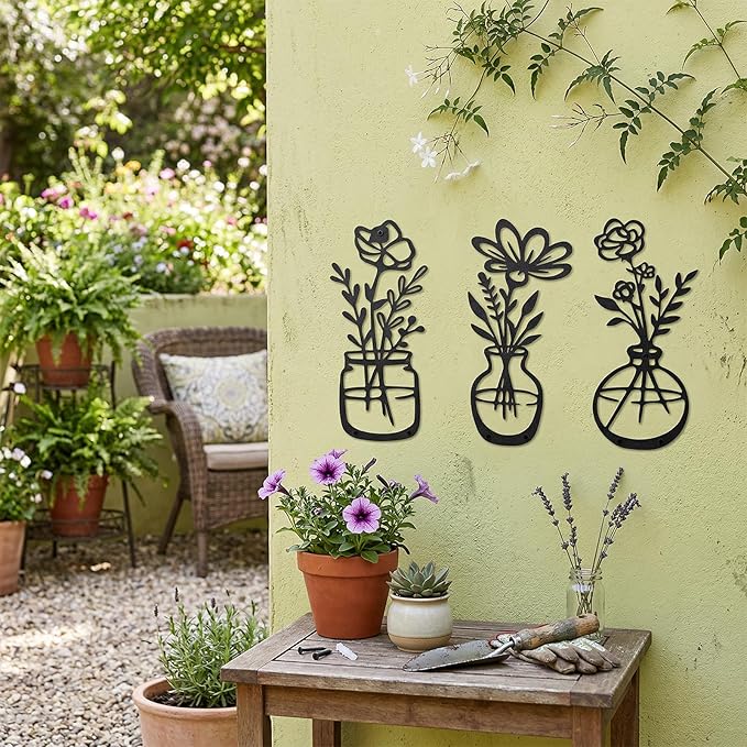 shuielai 3 Pieces Black Metal Flowers Wall Decor 14.56x5.9 Inches Metal Wall Sculptures Hanging Indoor