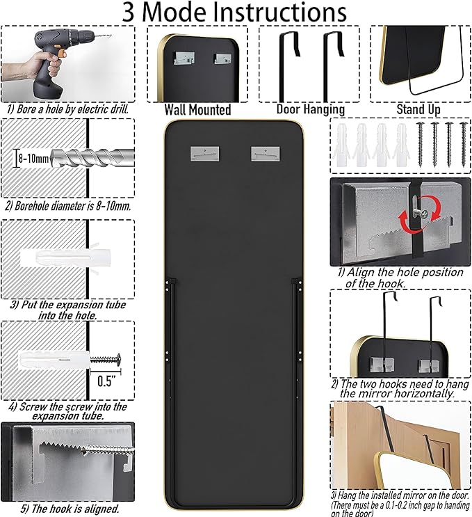 SCWF-GZ 57x20 Door Hanging Full Length Mirror, Floor Stand (Height 5.7ft just Body in1.3ft) Wall Mounted Metal Frame Rectangle Dressing Mirrors for Bedroom Room 57 inch Gold